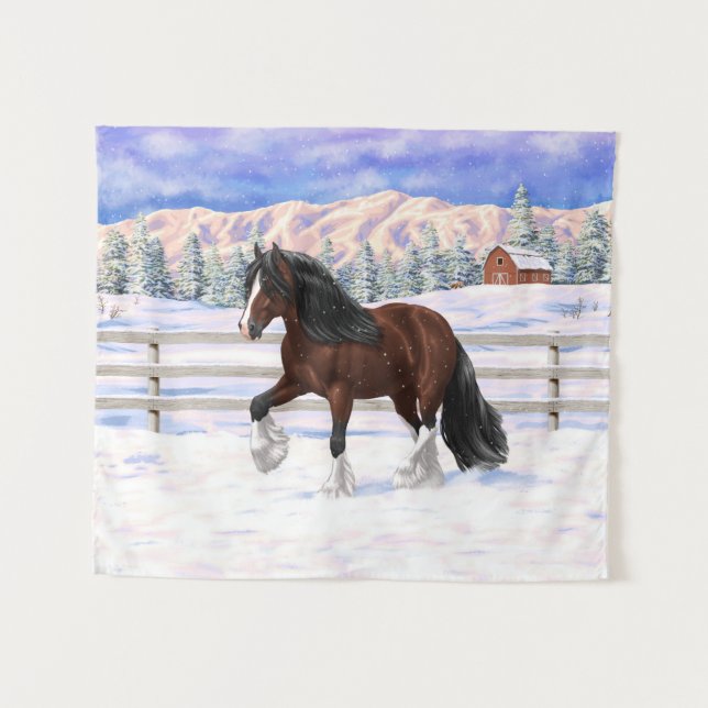 Brown Bay Gypsy Vanner Draft Horse In Snow Tapestry (Front (Horizontal))