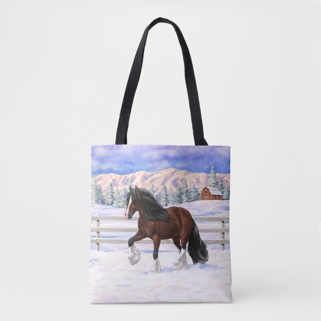 Brown Bay Gypsy Vanner Draft Horse In Snow Tote Bag (Front)