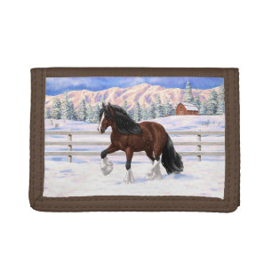 Brown Bay Gypsy Vanner Draft Horse In Snow Tri-fold Wallet