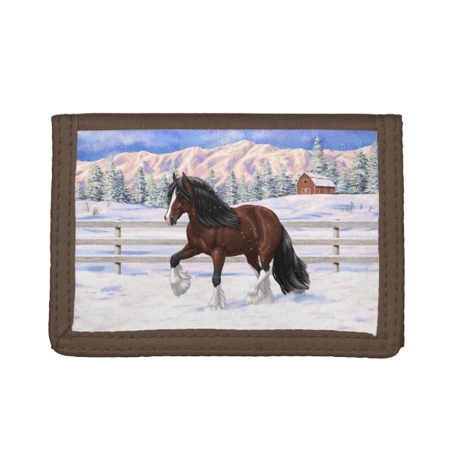 Brown Bay Gypsy Vanner Draft Horse In Snow Trifold Wallet (Front)
