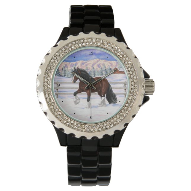 Brown Bay Gypsy Vanner Draft Horse In Snow Watch (Front)