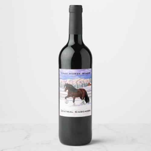Brown Bay Gypsy Vanner Draft Horse In Snow Wine Label