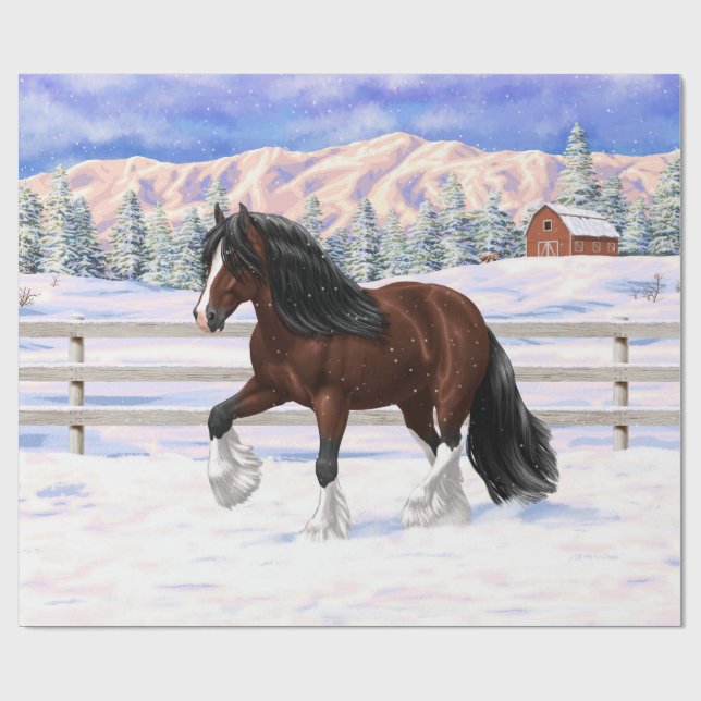 Brown Bay Gypsy Vanner Draft Horse In Snow Wrapping Paper (Flat)