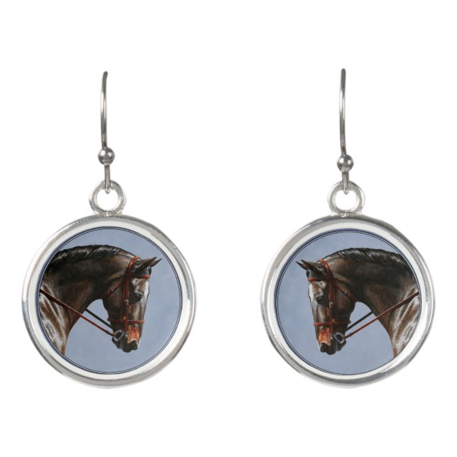 Brown Bay Oldenburg Horse Portrait Earrings (Front)