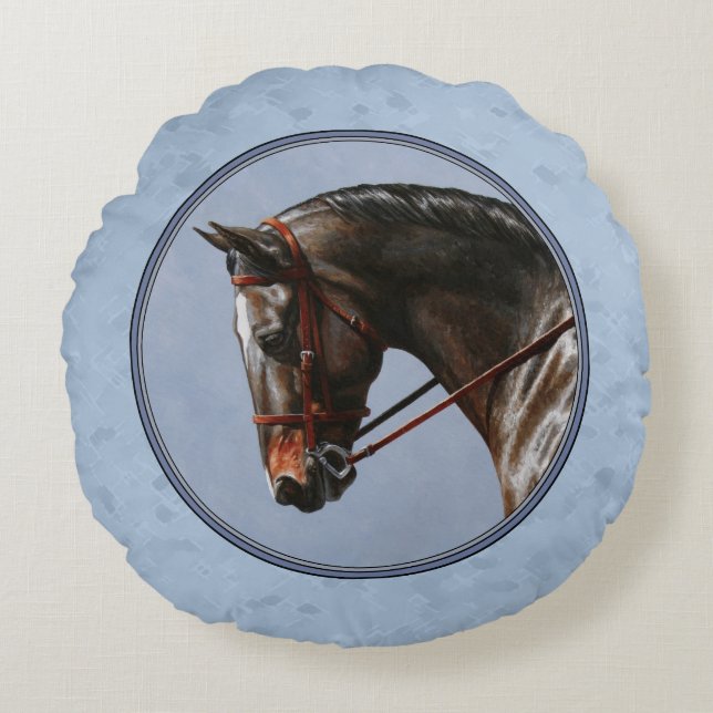 Brown Bay Oldenburg Horse Portrait Round Pillow (Front)
