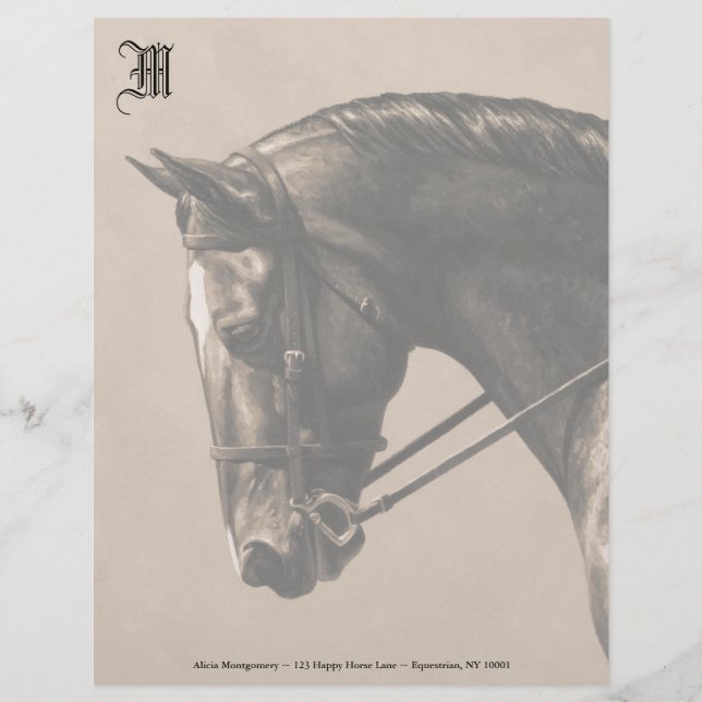 Brown Bay Oldenburg Horse Portrait Sepia Letterhead (Front)