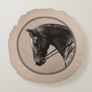 Brown Bay Oldenburg Horse Portrait Sepia Round Pillow