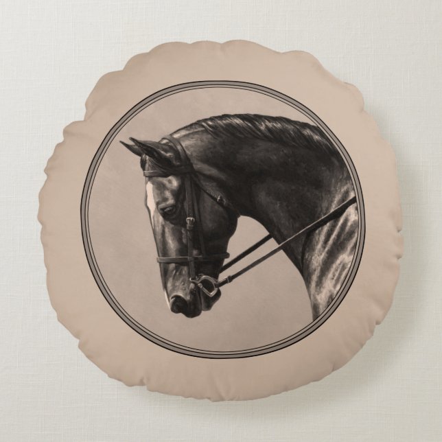 Brown Bay Oldenburg Horse Portrait Sepia Round Pillow (Front)