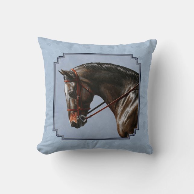 Brown Bay Oldenburg Horse Portrait Throw Pillow (Front)