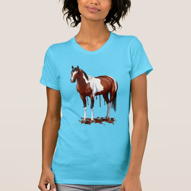 Brown Bay Pinto Dripping Wet Paint Horse T-Shirt (Front)