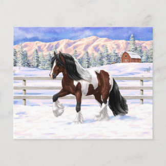 Brown Bay Pinto Gypsy Vanner Draft Horse In Snow