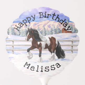 Brown Bay Pinto Gypsy Vanner Draft Horse In Snow Balloon