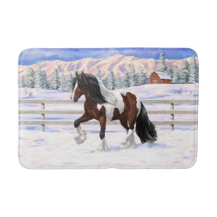 Brown Bay Pinto Gypsy Vanner Draft Horse In Snow Bath Mat