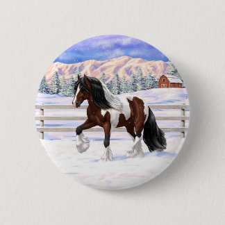Brown Bay Pinto Gypsy Vanner Draft Horse In Snow Button