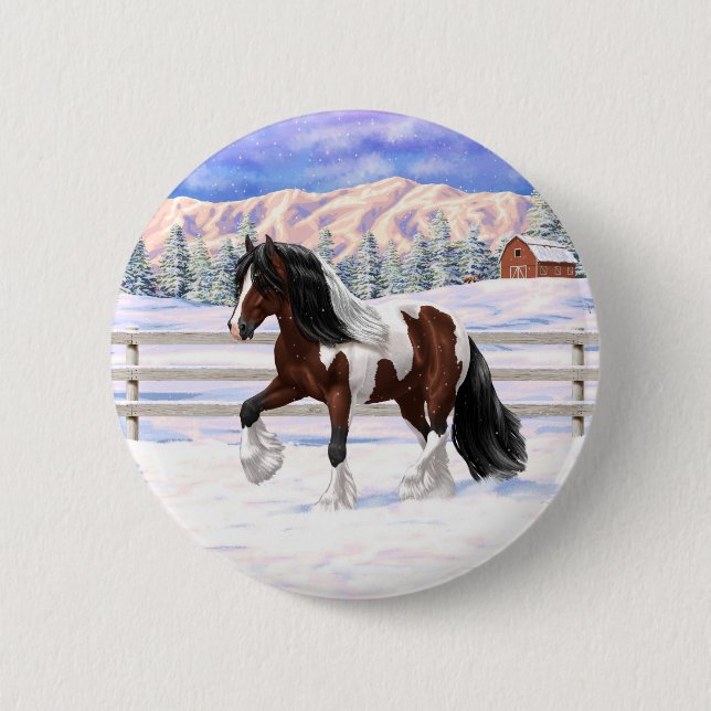 Brown Bay Pinto Gypsy Vanner Draft Horse In Snow Button (Front)