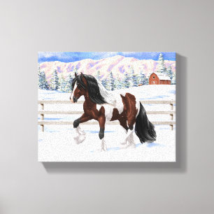 Brown Bay Pinto Gypsy Vanner Draft Horse In Snow Canvas Print