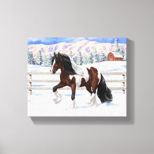 Brown Bay Pinto Gypsy Vanner Draft Horse In Snow Canvas Print
