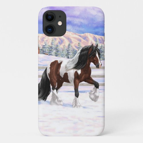 Brown Bay Pinto Gypsy Vanner Draft Horse In Snow iPhone 11 Case