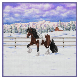 Brown Bay Pinto Gypsy Vanner Draft Horse In Snow Fabric