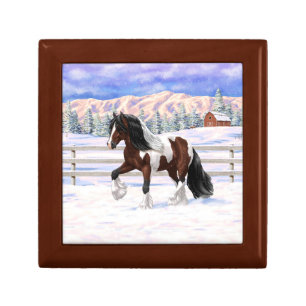 Brown Bay Pinto Gypsy Vanner Draft Horse In Snow Gift Box