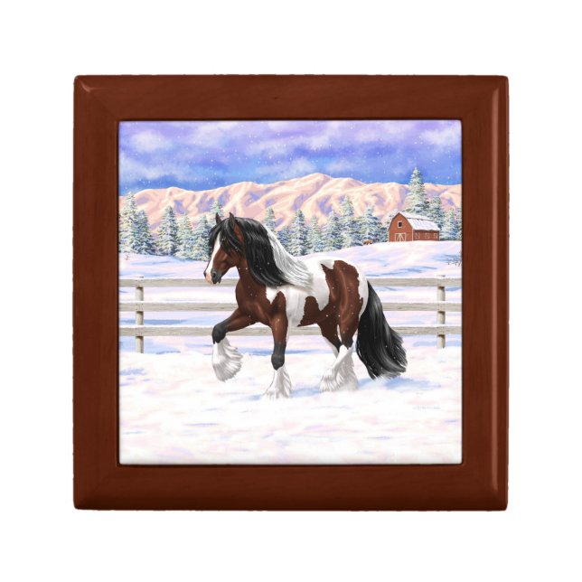 Brown Bay Pinto Gypsy Vanner Draft Horse In Snow Gift Box (Front)