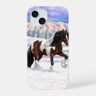 Brown Bay Pinto Gypsy Vanner Draft Horse In Snow iPhone 15 Case