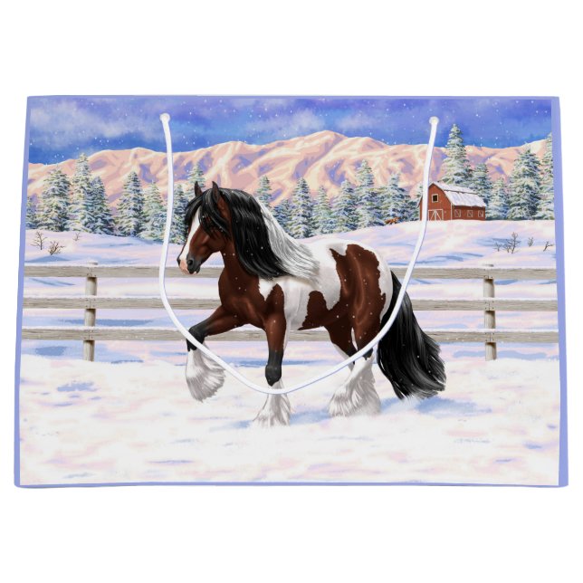 Brown Bay Pinto Gypsy Vanner Draft Horse In Snow Large Gift Bag (Front)