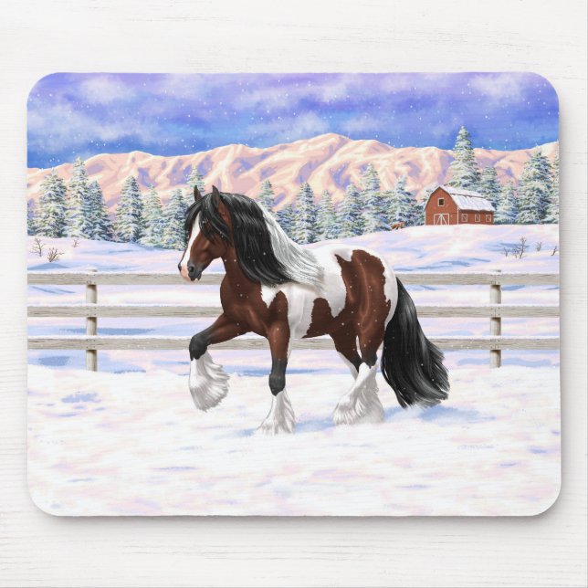 Brown Bay Pinto Gypsy Vanner Draft Horse In Snow Mouse Pad (Front)