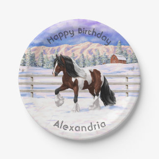 Brown Bay Pinto Gypsy Vanner Draft Horse In Snow Paper Plates