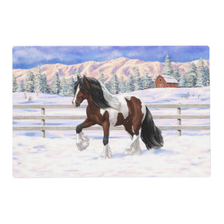 Brown Bay Pinto Gypsy Vanner Draft Horse In Snow Placemat