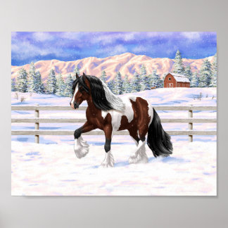 Brown Bay Pinto Gypsy Vanner Draft Horse In Snow Poster