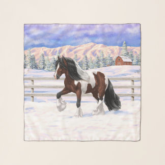 Brown Bay Pinto Gypsy Vanner Draft Horse In Snow Scarf
