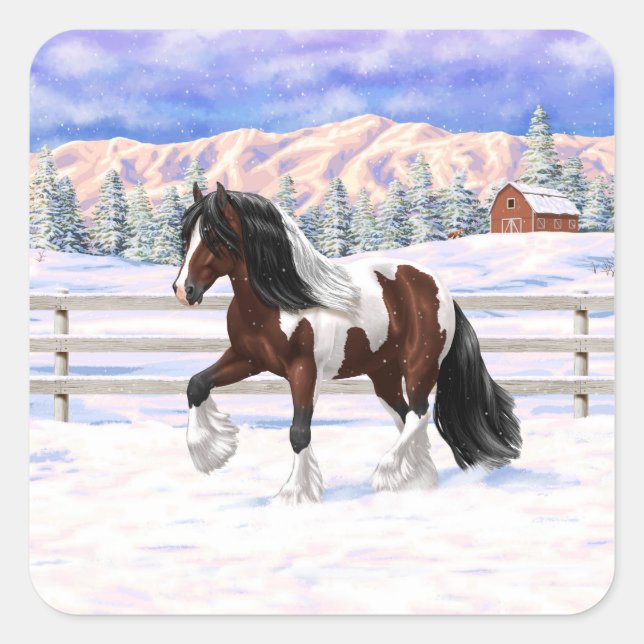 Brown Bay Pinto Gypsy Vanner Draft Horse In Snow Square Sticker (Front)