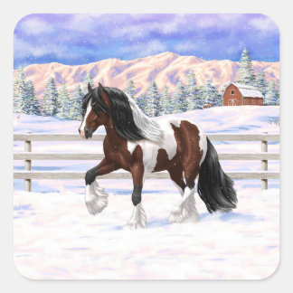Brown Bay Pinto Gypsy Vanner Draft Horse In Snow Square Sticker
