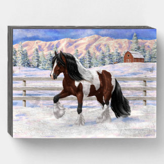 Brown Bay Pinto Gypsy Vanner Draft Horse In Snow Wooden Box Sign
