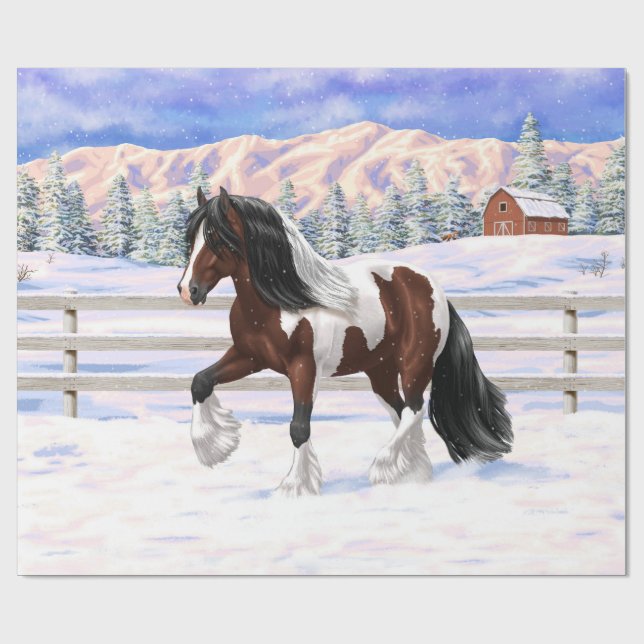 Brown Bay Pinto Gypsy Vanner Draft Horse In Snow Wrapping Paper (Flat)