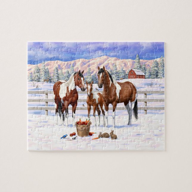 Brown Bay Pinto Paint Quarter Horses In Snow Jigsaw Puzzle (Horizontal)