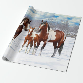 Brown Bay Pinto Paint Quarter Horses In Snow Wrapping Paper