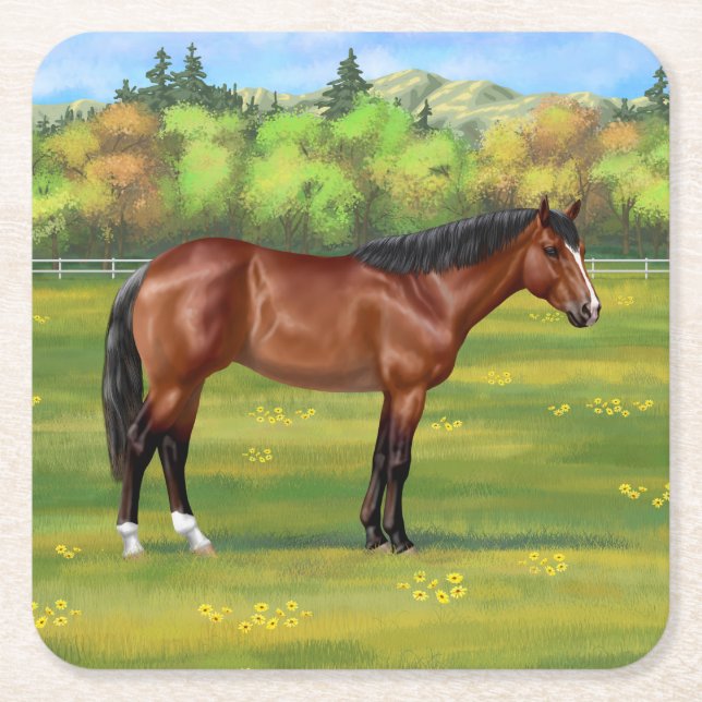 Brown Bay Quarter Horse Square Paper Coaster (Front)