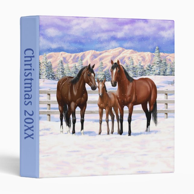 Brown Bay Quarter Horses In Snow 3 Ring Binder (Front/Spine)
