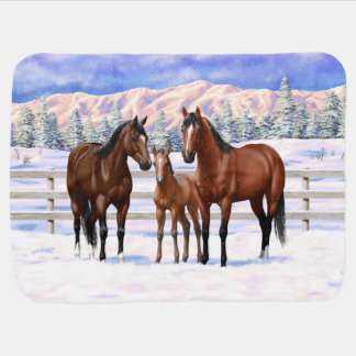 Brown Bay Quarter Horses In Snow Baby Blanket