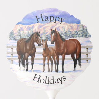 Brown Bay Quarter Horses In Snow Balloon