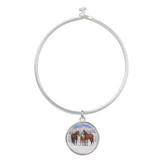 Brown Bay Quarter Horses In Snow Bangle Bracelet