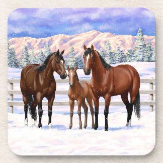 Brown Bay Quarter Horses In Snow Beverage Coaster