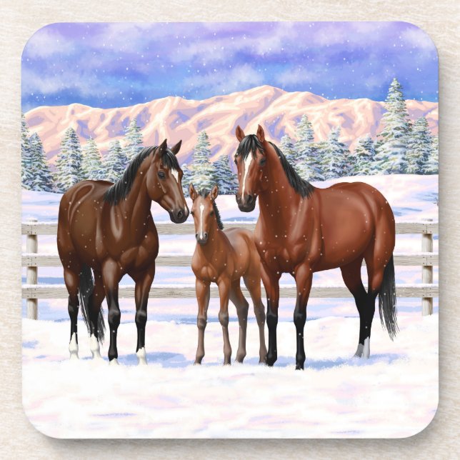 Brown Bay Quarter Horses In Snow Beverage Coaster (Front)