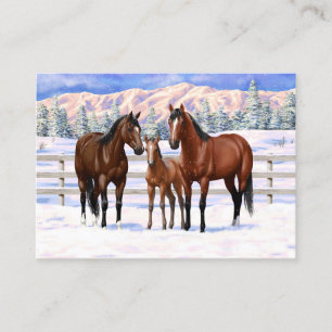 Brown Bay Quarter Horses In Snow Business Card