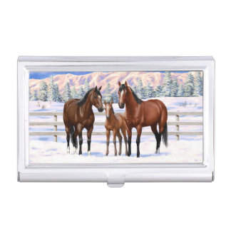 Brown Bay Quarter Horses In Snow Business Card Case