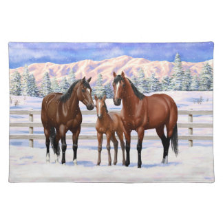 Brown Bay Quarter Horses In Snow Cloth Placemat
