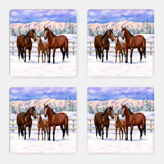 Brown Bay Quarter Horses In Snow Coaster Set