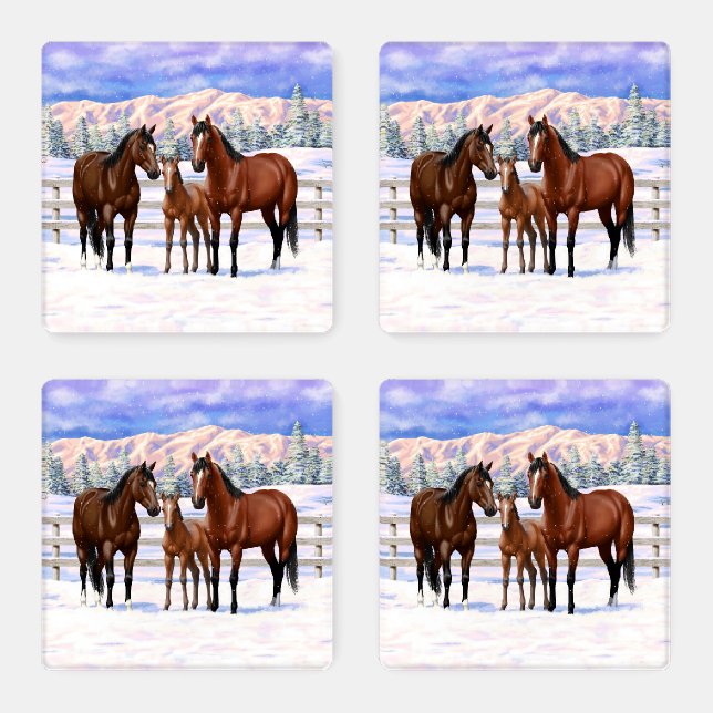 Brown Bay Quarter Horses In Snow Coaster Set (Set)